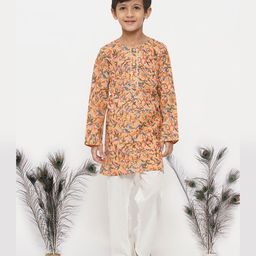 Little Bansi Full Sleeves Floral Block Print Kurta With Pyjama - Orange-picture-43