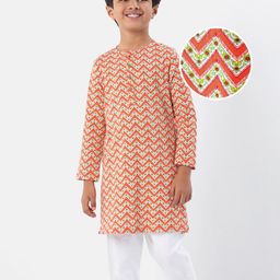 Earthy Touch 100% Cotton Knit Full Sleeves Kurta Pyjama Set Chevron Print - Red-image-79