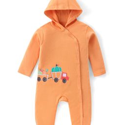 Babyoye 100% Cotton With Eco Jiva Finish Full Sleeves Hooded Romper Truck Embroidery - Orange-image-85