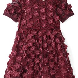 Primo Gino Woven Lace Fabric Half Sleeves Party Wear Dress With Floral Applique - Maroon-image-85