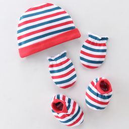 Babyhug 100% Cotton Knit Cap Mittens & Booties Set Truck Print- Red & White-image-43
