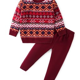 Babyhug Knitted Full Sleeves Sweater Set with Aztec Design - Red & Orange-image-64