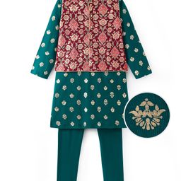 Earthy Touch Single Jersey Knit Full Sleeves Floral Foil Printed Kurta Pyjama Set with Jacket - Teal Green-image-87
