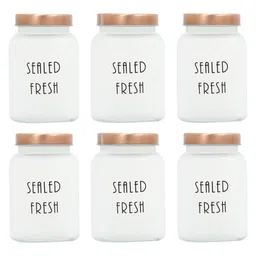 Femora Frosted Glass Jar for Kitchen Storage Gold Lid, 1000 ml, Set Of 6-picture-3