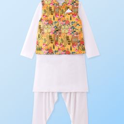 Earthy Touch Single Jerset Knit Full Sleeves Solid Kurta with Harem Pants & Floral Printed Jacket - Yellow-image-3