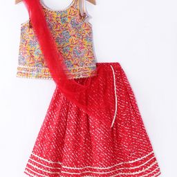 Teentaare Cotton Woven Sleeveless Floral Printed Choli Lehenga & Dupatta Set - Red & Yellow-image-47