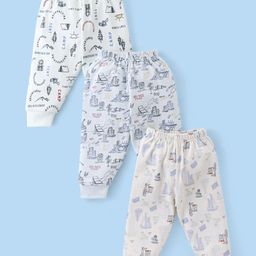 Cucumber Cotton Interlock Knit Full Length Lounge Pants With Camping & Beach Theme Print Pack Of 3 - Pastel Green Light Blue & Off White-picture-11