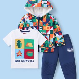Babyhug Terry Knit Full Sleeves Jungle Theme Printed Hooded Sweatjacket & Lounge Pant Set with T-Shirt - Navy Blue & White-image-99