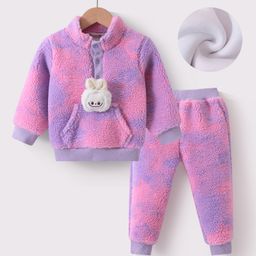 Kookie Kids Full Sleeves Fur Winter Wear T-Shirt & Lounge Pant Set With Tie & Dye Print & Bunny Applique - Purple-image-97