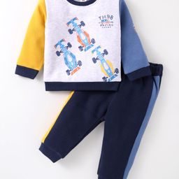ToffyHouse Cotton Full Sleeves Winter Wear T-Shirt with Vehicle Print & Cut & Sew Joggers Set - Grey & Blue-image-85