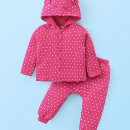 Babyhug Quilted Knit Full Sleeves Hooded Top & Bottom Set with Polka Dots Print & Applique - Pink-image-2