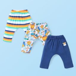 Babyhug Interlock Knit Full Length Diaper Leggings With Stripes & Animals Print Pack Of 3 - Navy White & Yellow-image-74