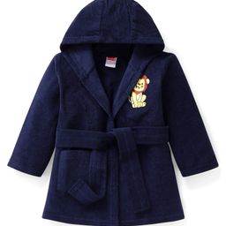 Babyhug Terry Knit Full Sleeve Hooded Bathrobe with Elastic at Waist & Lion Embroidery - Navy Blue-image-95