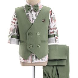 Rikidoos Full Sleeves Abstract Printed Shirt With Solid Waistcoat Pant & Bow - Pista & Multi Colour-image-26