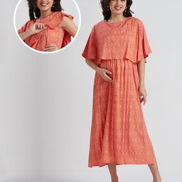 Dummy Shape Viscose Rayon Half Cape Sleeves Abstract Printed Maternity Poncho Gown With Nursing Access - Orange-image-4