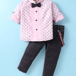 Dapper Dudes Full Sleeves Abstract Printed Shirt With Pant Bow & Suspender Set - Pink-image-61