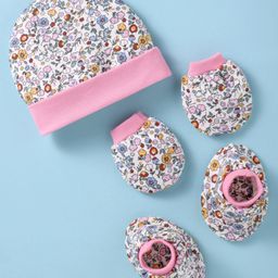 Ben Benny Interlock Knit Cap Mittens & Booties With Floral Print - Pink-image-13
