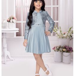 TINY BABY Satin Jaquard Full Sleeves Floral Printed Jacket With Pearls Embellished Fit & Flare Dress - Blue-image-4