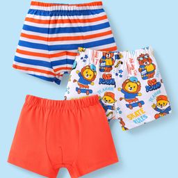 Babyhug 100% Cotton Knit Trunks with Stripes & Lion Print Pack of 3 -White & Red-image-87
