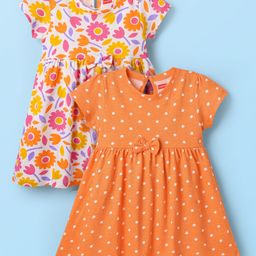 Babyhug Single Jersey Knit Half Sleeves Frocks With Bow Applique & Floral Print Pack Of 2 - Orange & White-image-80