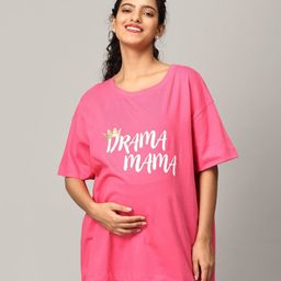 The Mom Store Half Sleeves Drama Mama Text Printed Oversized Maternity Tee - Fuschia-picture-38