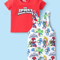 Babyhug Marvel Single Jersey Knit Dungaree & Half Sleeves T-Shirt With Spider-Man Graphics - White & Red-image-25