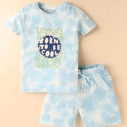 BUMZEE Cotton Knit Half Sleeves Text Printed Co-ords T-Shirt & Short Set - Light Blue-image-8