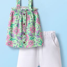 Babyhug Single Jersey Knit Sleeveless Top & Shorts Set with Floral Print - Light Green & White-picture-10