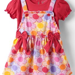 Babyhug Cotton Knit Half Sleeves Inner T-Shirt & Frock with Floral & Bow Applique - Pink & Red-image-22