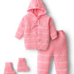 Babyhug Knit Full Raglan Sleeves Front Open Hooded Sweater Set with Booties & Stripes - Pink-image-52