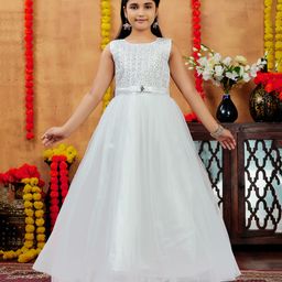 Aarika Net Woven Sleeveless Leaves Embroidered Sequins Embellished Gown - White-image-16