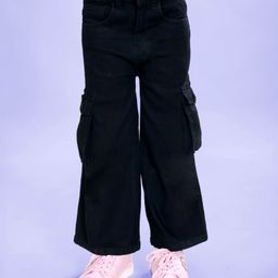 Kiddopanti Denim Woven Mild Washed Cargo Flared Jeans - Black-image-85