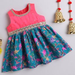 Many frocks & Blended Woven Sleeveless Floral Printed & Gota Lace Embellished Dress - Pink & Blue-image-76
