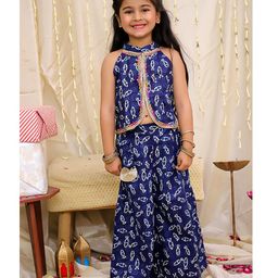 KID1 Cotton Woven Sleeveless Fish Printed Lace Embellished Top With Coordinating Palazzo Set - Navy Blue-picture-10
