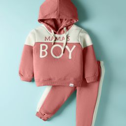 Teddy Fleece Knit Full Sleeves Hooded Winter Wear Suit Set with Mama's Boy Text Print - Rose Gold-picture-0