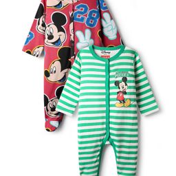 Babyhug Disney Interlock Knit Full Sleeves Footed Sleepsuit With Mickey Mouse Print Pack Of 2 - Green & Red-picture-13