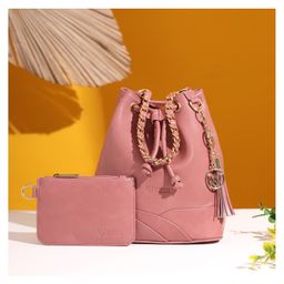 VISMIINTREND Bucket Handbag with Wallet for Women - Detachable Strap Solid Vegan Leather Sling Bag Wedding, Evening, Party Handbag Ethnic Drawstring Closure Potli Bag - Blush Pink-image-116