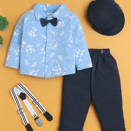 BUMZEE Cotton Knit Full Sleeves Floral Printed Shirt & Trouser Set With Suspender Cap - Navy & Sky Blue-picture-35