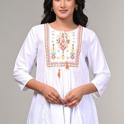 AVAYAYAT Floral Embroidered Tie-Up Neck Pleated Thread Work A-Line Kurti-10
