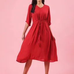 Shades of Sabi Red Solid V-Neck Empire Midi Dress-image-45