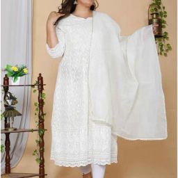 Miravan White Embroidered Plus Size Anarkali Kurta With Dupatta-picture-11
