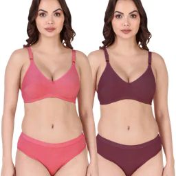 AROUSY Pink & Maroon Cotton Bra Panty Set - Pack Of 2-image-92