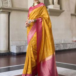 Satrani Turmeric Yellow & Pink Silk Woven Saree With Unstitched Blouse-image-43
