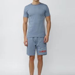 Peter England Light Blue Round Neck T-Shirt & Shorts Set-image-35