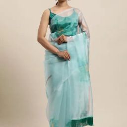 Blissta Seafoam Blue Floral Print Saree With Unstitched Blouse-image-51
