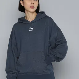 Puma Women Blue Self Designed Casual Hooded Sweatshirt-image-70