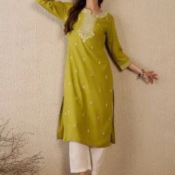Indo Era Green Regular Fit Embroidered Kurta-image-57