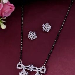 VOJ Silver Plated AD Stone Studded Designer Mangalsutra With Earrings Set-26