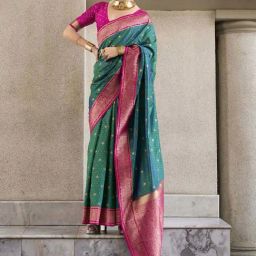 Satrani Peacock Blue & Magenta Silk Woven Saree With Unstitched Blouse-picture-2