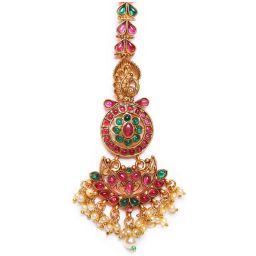 Aatmana Gold-Plated Red & Green Kemp Studded & Pearl Beaded Peacock MaangTikka for Women image 3